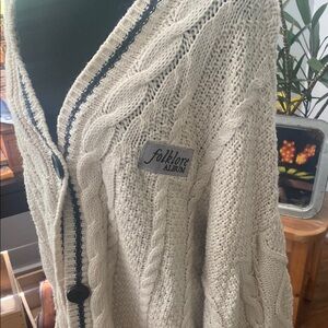 Taylor Swift Folklore Sweater White Cable Knit Cardigan with Black Trim